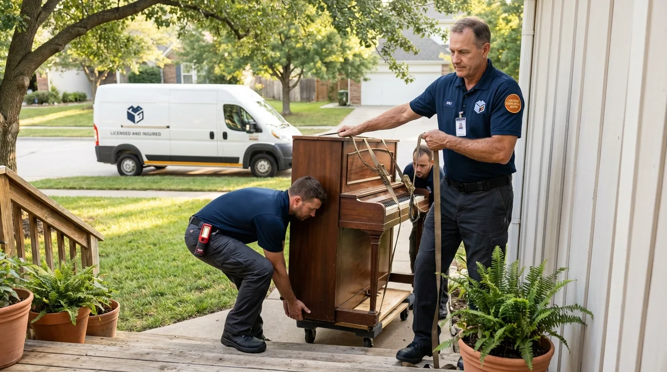 Licensed piano movers securing grand piano in Fairfield Bay, AR
