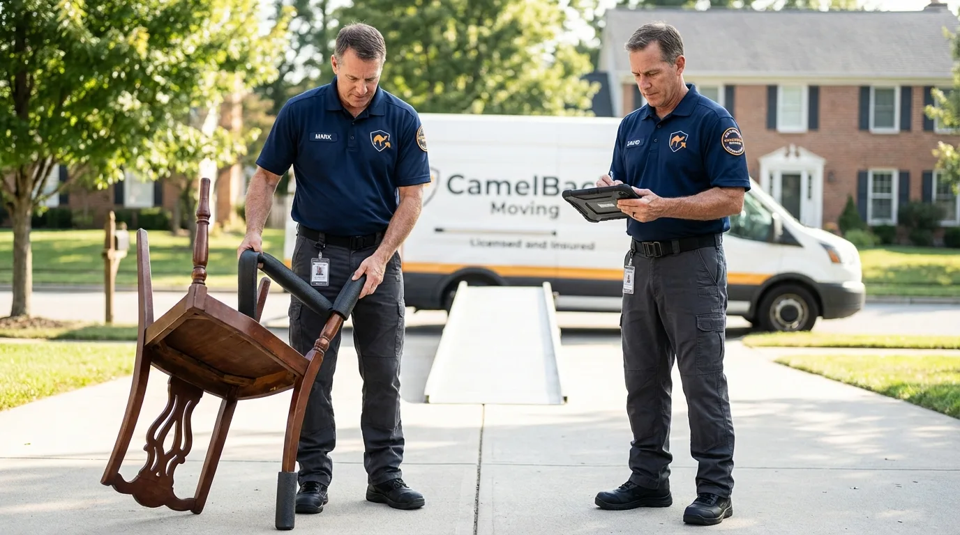 Movers inspecting furniture for damage prevention before loading in Fairfield Bay, AR