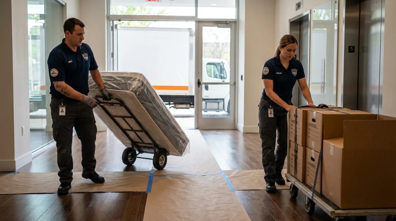 Professional apartment movers loading elevator in Fairfield Bay, AR